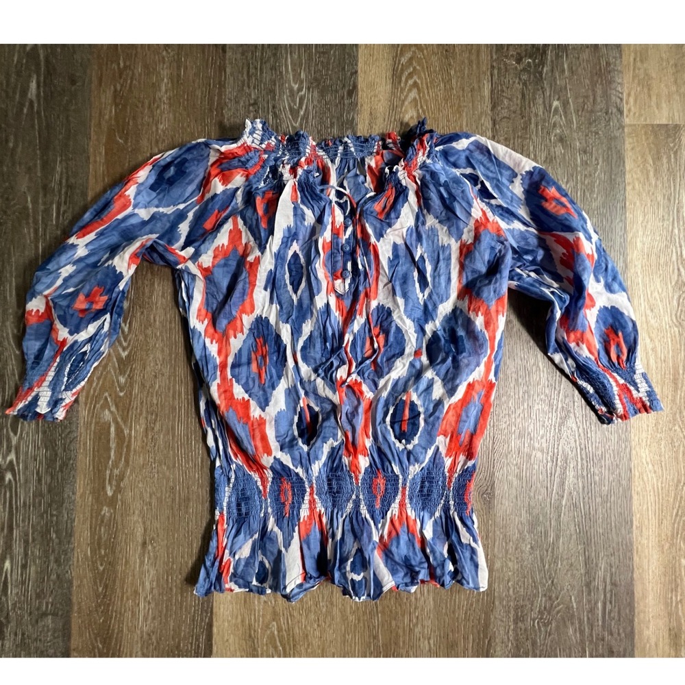 Peasant Top Womens Small Blue‎ Orange Ikat Smocked Blouson Tie Neck